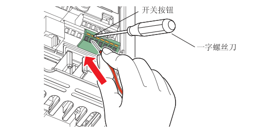 一字螺絲刀將開關(guān)按鈕按入深處操作圖